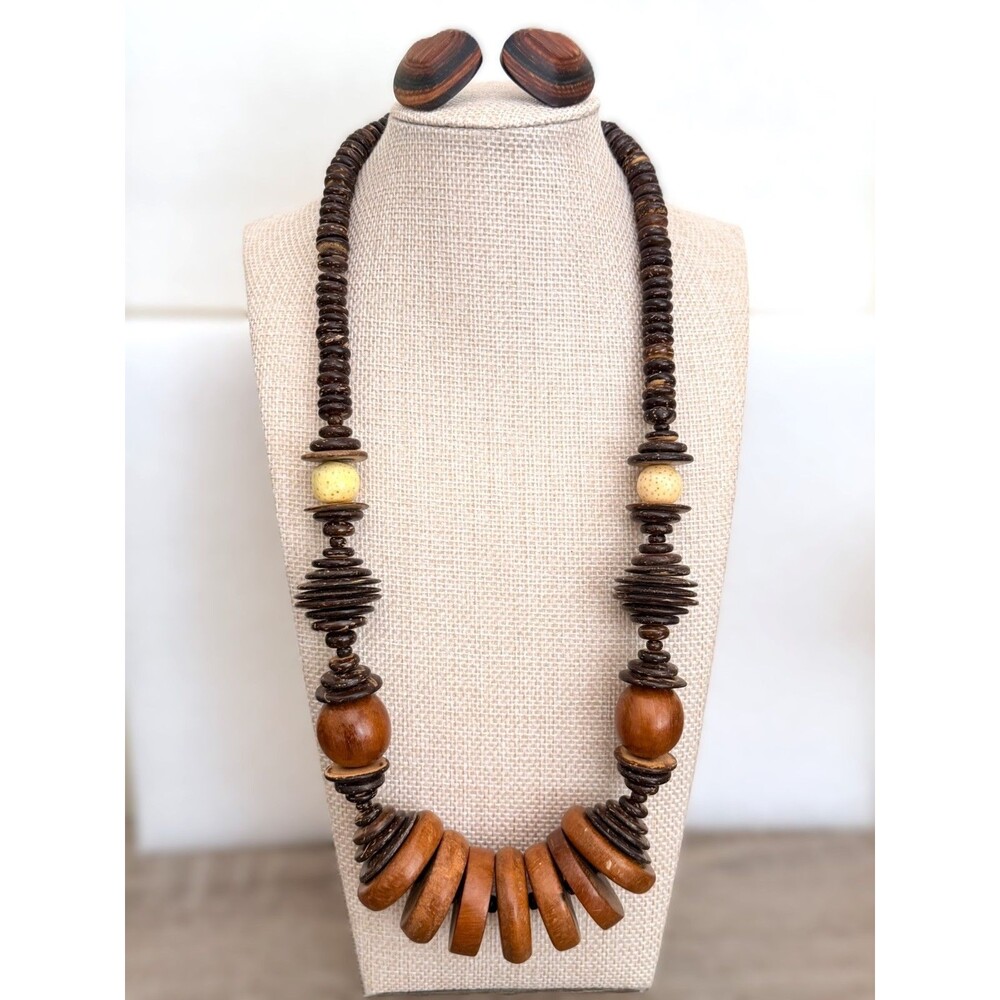 Vintage Natural Wood Coconut Shell Discs Statement Necklace Clip On Earrings Set